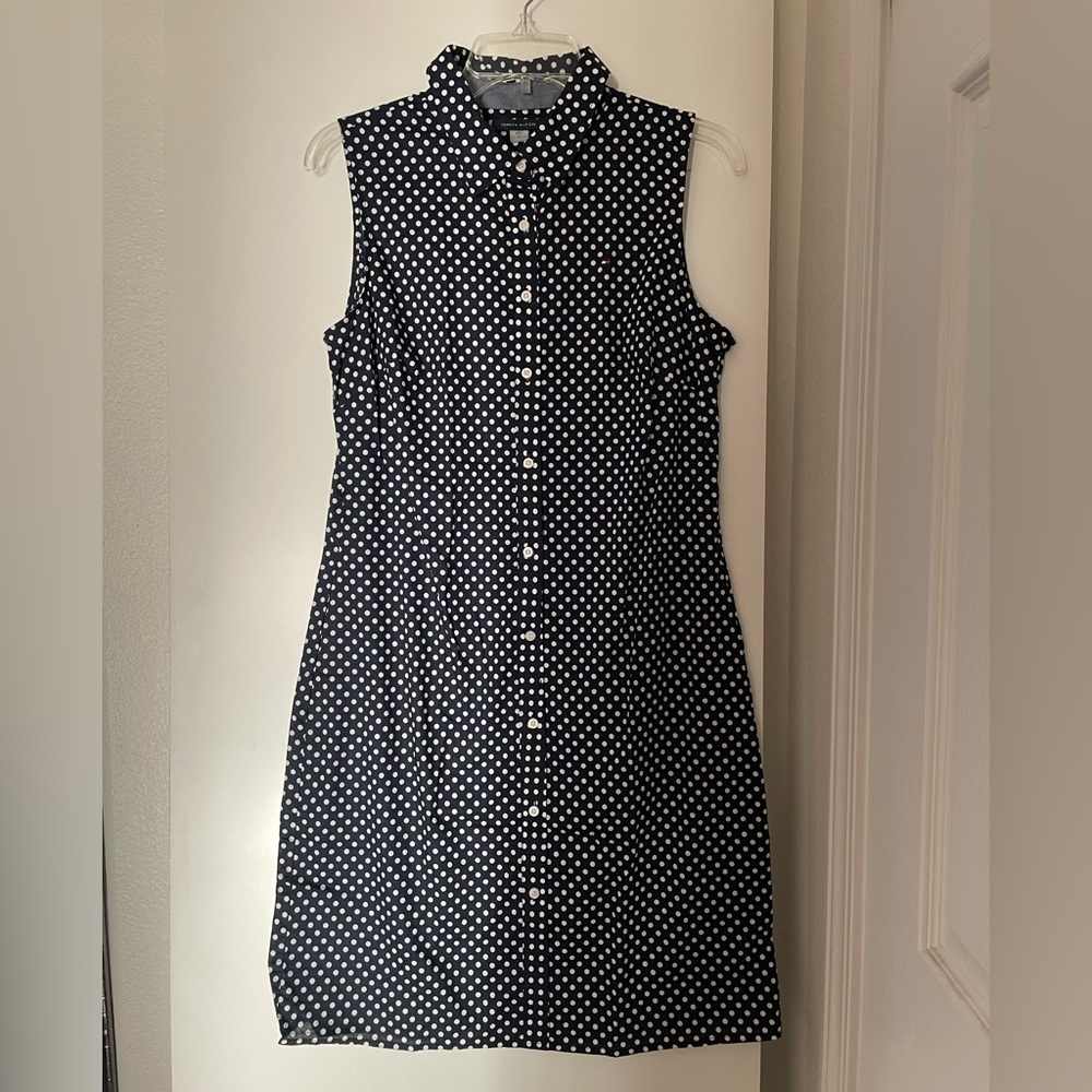 Tommy Hilfiger Cotton Sleeveless Button Up Shirt Dress Navy/White Polka Dot NWOT